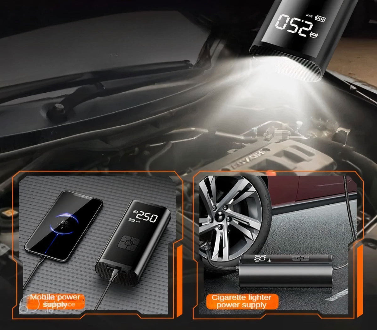 Air Compressor, power bank and LED light for night use